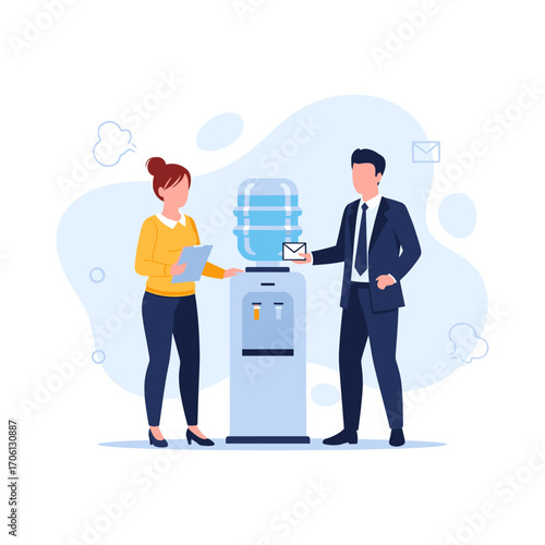 Office colleagues interacting at a water cooler discussing work.