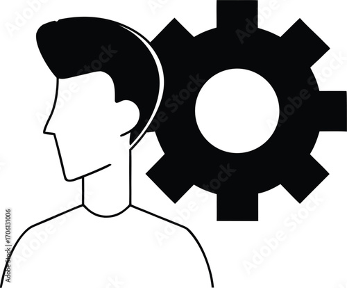 Silhouette of a man s head next to a black gear symbol