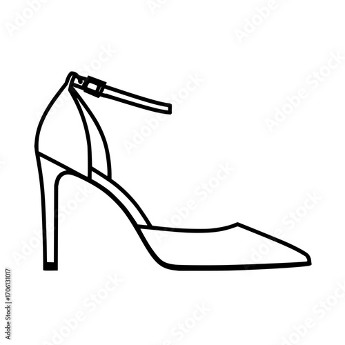 Elegant high heel shoe with ankle strap in black outline on a white background design illustration