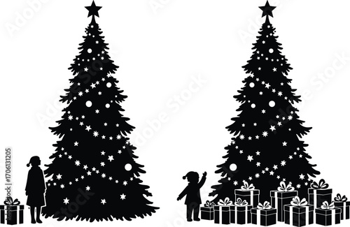 Black and White Christmas Tree Silhouette with Children, Holiday Gifts, Festive Decor, Star Topper, Celebration Scene, Minimalist Vector Art