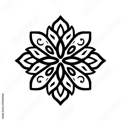 Detailed black and white floral design with symmetrical petals and intricate inner shapes forming a blossom
