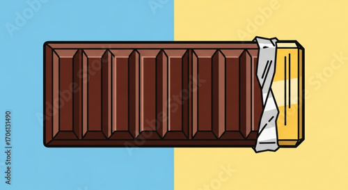 A delicious chocolate bar with a wrapper on a split background of blue and yellow, perfect for a sweet treat or snack time