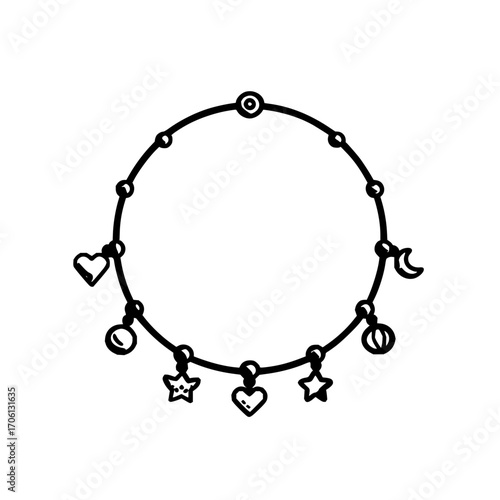 Doodle style charm bracelet with heart moon and star charms hanging from a beaded circular band design