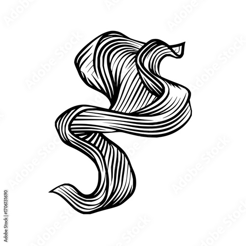 Abstract black and white wavy ribbon design with parallel lines creating a flowing shape on white background