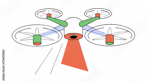 Quadrotor drone with camera and laser scanner emitting light beams