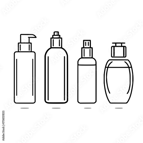 Outline illustration of four different shaped bottles with dispenser tops in a row on white background