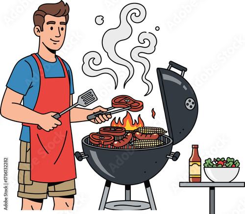 Cartoon man grilling barbecue meat and corn on charcoal grill with apron, summer outdoor cooking illustration showing food, fire, smoke, enjoyment