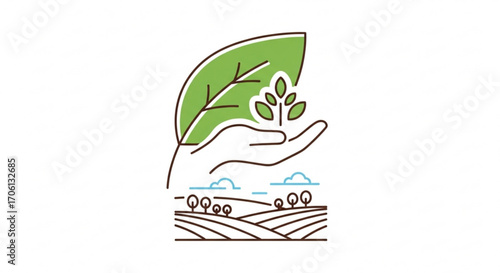 Hand holding a small tree seedling over a landscape with rolling hills, trees, and clouds concept of environmental protection