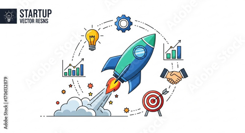 Rocket launch as a metaphor for business startup idea, target, gear, handshake, and growth chart as elements