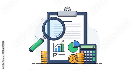 Financial analysis and accounting concept magnifying glass, clipboard, graph, calculator, and coin as elements