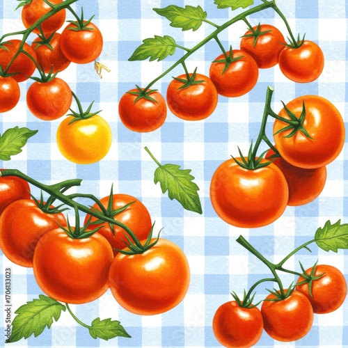 Vibrant ripe red and orange tomatoes growing on the vine with green leaves against a soft blue and white gingham background