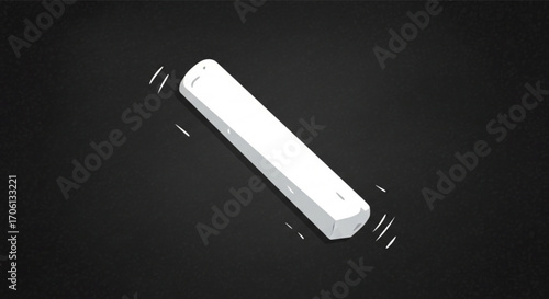 A single piece of white chalk lies on a dark chalkboard, ready for writing or drawing, creating a simple yet evocative scene