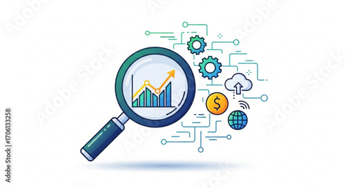 A magnifying glass reveals an upward trending graph, symbolizing business growth and financial analysis
