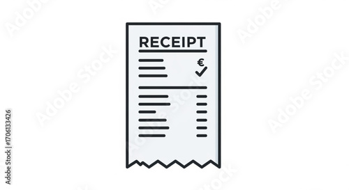 Illustration of a receipt with euro symbol and check mark represents payment confirmation and financial transaction