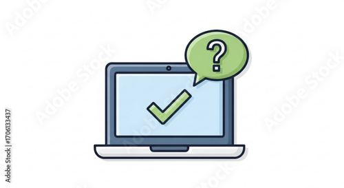 Illustration of a laptop with check mark and question mark represents online survey and feedback