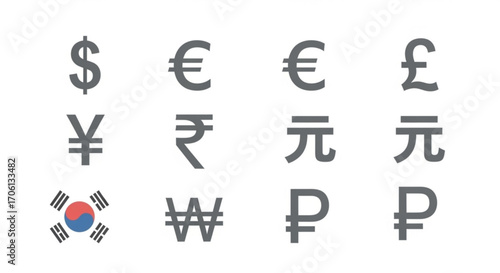 Various currency symbols representing global finance and economy includes dollar, euro, pound, yen, rupee, won, ruble, and yuan
