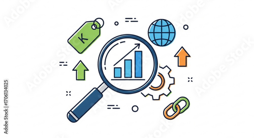 Seo optimization illustration, showcasing data analysis, keyword research, and growth strategies for online success