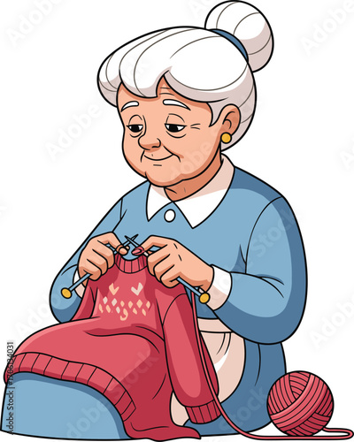 Elderly grandmother knitting warm sweater with yarn ball, senior woman crafting handmade clothing, traditional hobby vector illustration design concept.