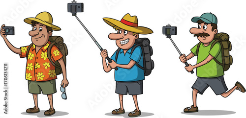 Funny cartoon tourists taking selfies with smartphones, wearing hats and backpacks, happy travelers enjoying vacation adventure illustration for tourism and lifestyle.