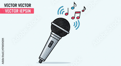 Microphone with music notes, representing audio recording, podcasting, and music production