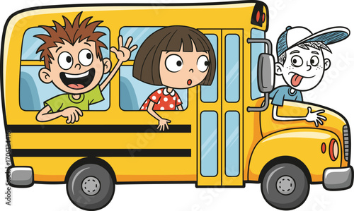 Happy cartoon kids riding yellow school bus, smiling and waving, fun transportation illustration for children education and back to school