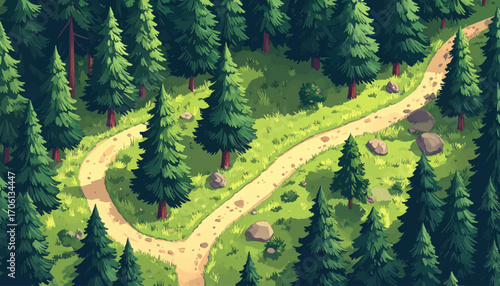 Aerial top-down view of a winding dirt path snaking through a vibrant green coniferous forest, a scenic hiking trail illustration for adventure
