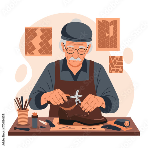 Elderly Shoemaker Working on a Shoe with Tools.