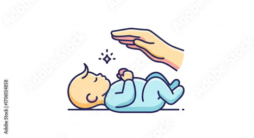 Gentle hand blessing a sleeping baby, conveying care, protection, and a peaceful, nurturing environment
