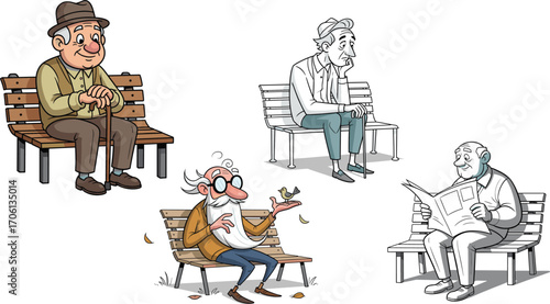 Old men sitting on park benches, reading newspaper, relaxing, and feeding birds, senior lifestyle leisure activity cartoon vector illustration design
