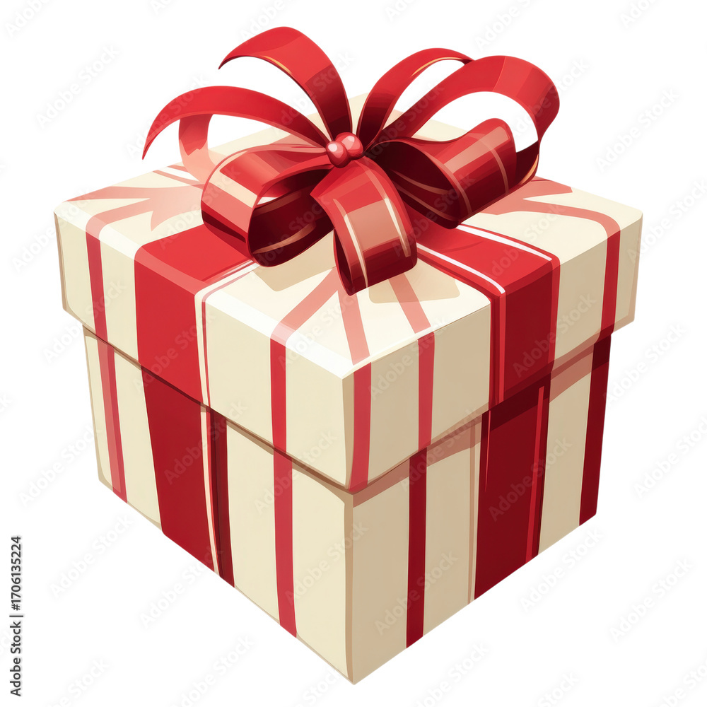 Obraz premium A beautifully wrapped gift box with red stripes and a matching bow isolated on transparent background