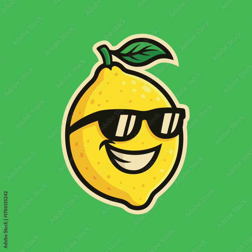 Obraz premium Smiling cool lemon with sunglass - cartoon mascot illustration character vector clip - tee design for printing. Good for poster, wallpaper, t-shirt, gift.