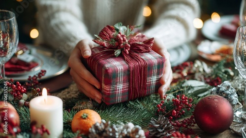 Festive holiday scene with carefully wrapped plaid gift nestled among pine branches, red berries, candles, and Christmas ornaments, capturing the warmth and anticipation of seasonal gift-giving