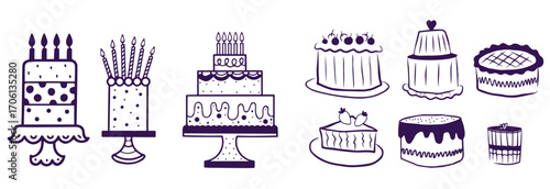 Set of stylized cakes, tarts and cupcakes. Hand drawn cartoon vector black and white sketch illustration