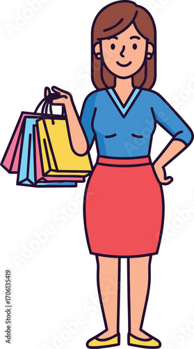 Smiling woman holding colorful shopping bags, fashion illustration character, modern lifestyle female shopper vector art for retail and commerce.