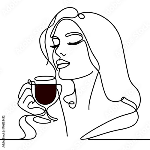 Beautiful woman drinking mulled wine outline drawing, vector, simple line drawing, minimalistic, single line, simple line, isolated, transparent background