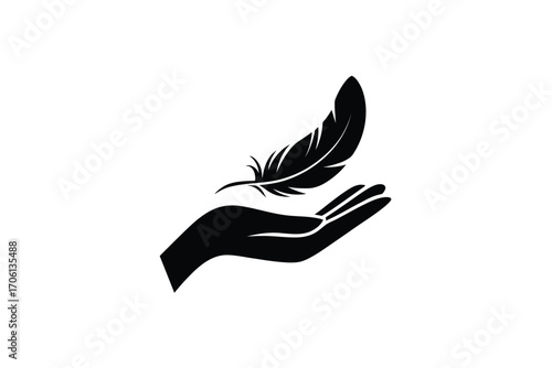Black silhouette of a feather gently resting on an open hand