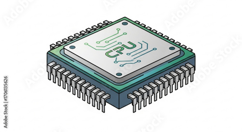 Isometric illustration of a central processing unit cpu with circuit board design, showcasing computer hardware and technology