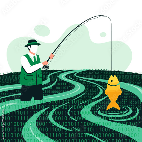 Man fishing for data in a stream of binary code.