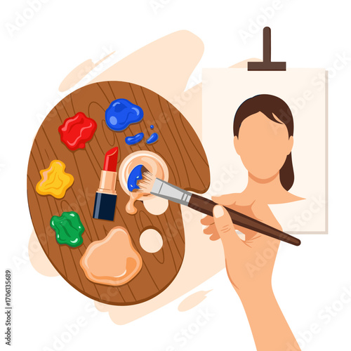 Artist painting a portrait with makeup palette and brush.