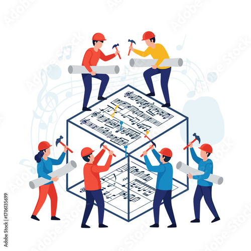 Teamwork Building Musical Structure with Blueprints and Tools.