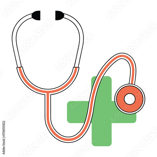 Vector art of a stethoscope with a red and white tube, next to a green cross symbol