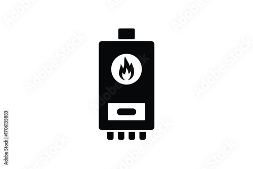 Black and white icon of a water heater with a flame symbol