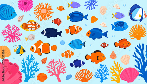 An enchanting underwater scene showcasing the vibrant biodiversity of a coral reef with various cartoon tropical fish and sea plants