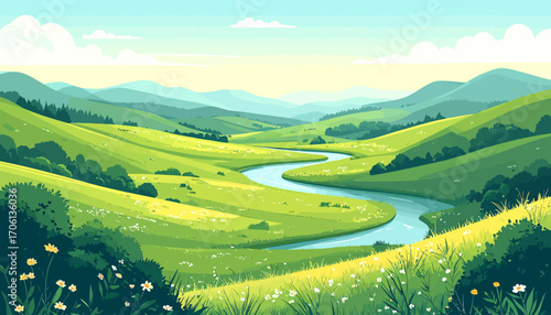 Serene cartoon landscape of a picturesque valley with a winding river flowing through lush green hills and rolling meadows under a clear summer sky
