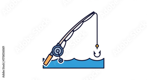 Fishing rod illustration, featuring a hook and line in the water, perfect for outdoor and recreational themes
