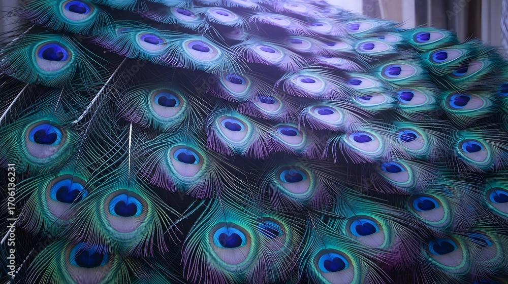 Obraz premium Iridescent peacock feather macro pattern in rich blues and purples, overlapping eyespots creating a luxurious, shimmering tapestry of color and texture