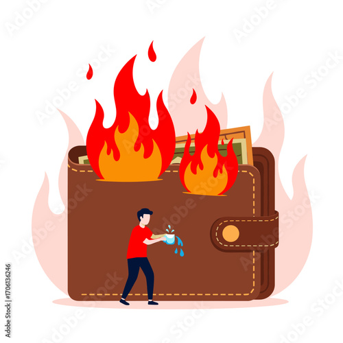 Wallet on fire with money burning and person trying to extinguish flames.