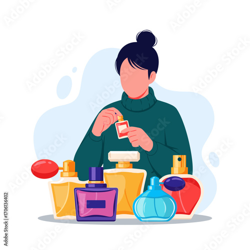 Woman testing perfume with various bottles on display.