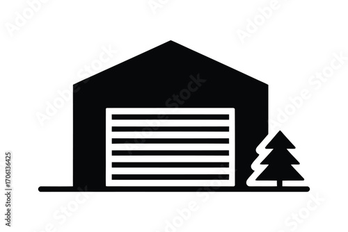Simple black silhouette of a garage with a small tree