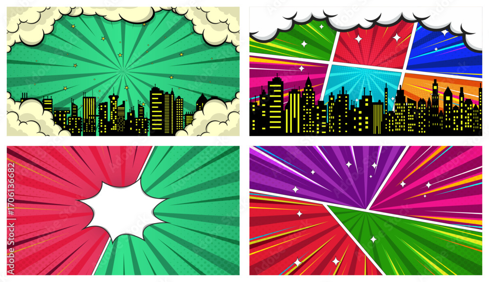 Naklejka premium Comic book halftone background. Vintage superheroes comics poster backdrop, halftone texture and superhero vector backgrounds
